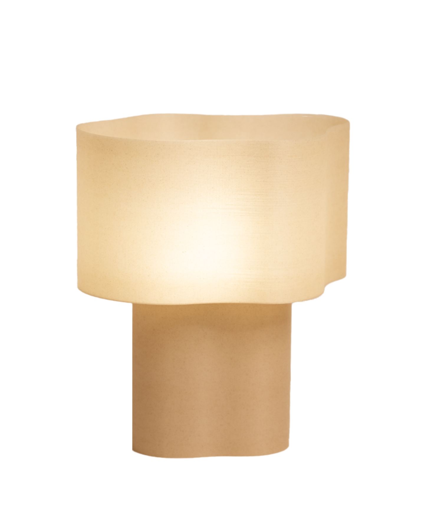 Cloudy Lamp, 3D-printed from bio-based PLA filament mixed with mussel shell powder. Sustainable and eco-friendly design featuring a layered texture that captures and reflects light beautifully.