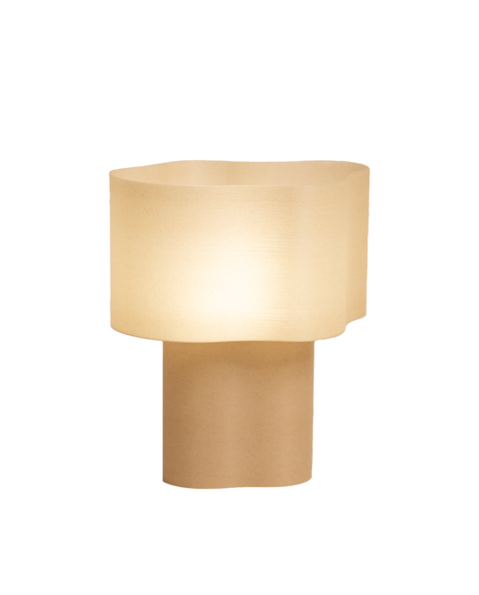 Cloudy Lamp, 3D-printed from bio-based PLA filament mixed with mussel shell powder. Sustainable and eco-friendly design featuring a layered texture that captures and reflects light beautifully.