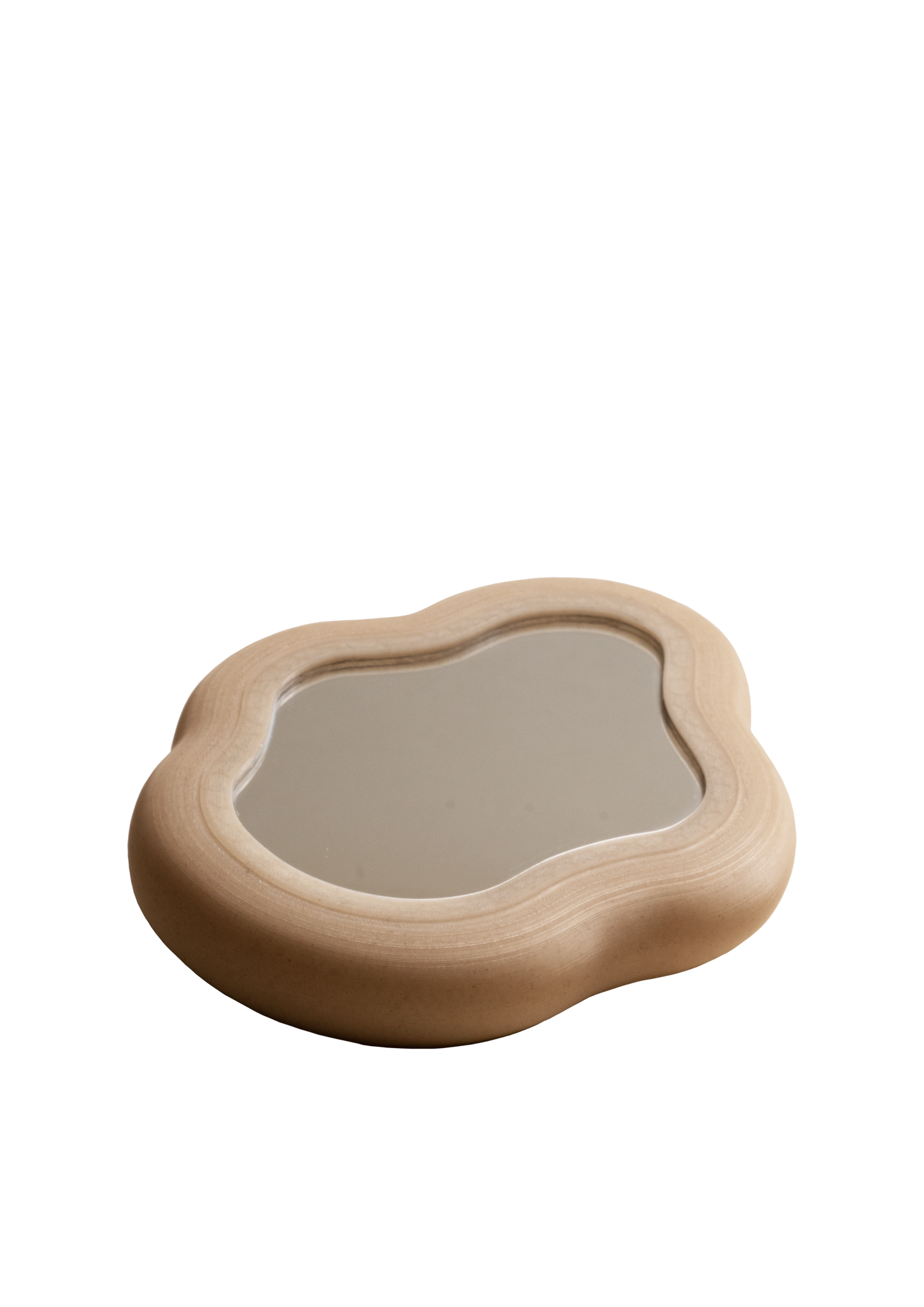 Blob Mirror, 3D-printed from eco-friendly PLA filaments mixed with natural by-products like oyster, mussel, scallop shells and wheat offcuts. Unique organic shape, versatile as a hand mirror or chic tray, with sustainable, non-toxic craftsmanship.