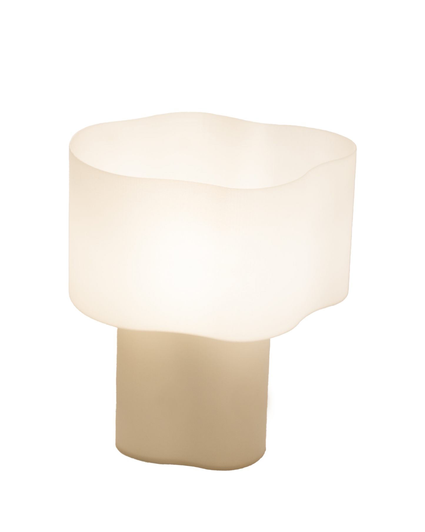 Cloudy Lamp, 3D-printed from bio-based PLA filament mixed with scallop shell powder. Sustainable and eco-friendly design featuring a layered texture that captures and reflects light beautifully.