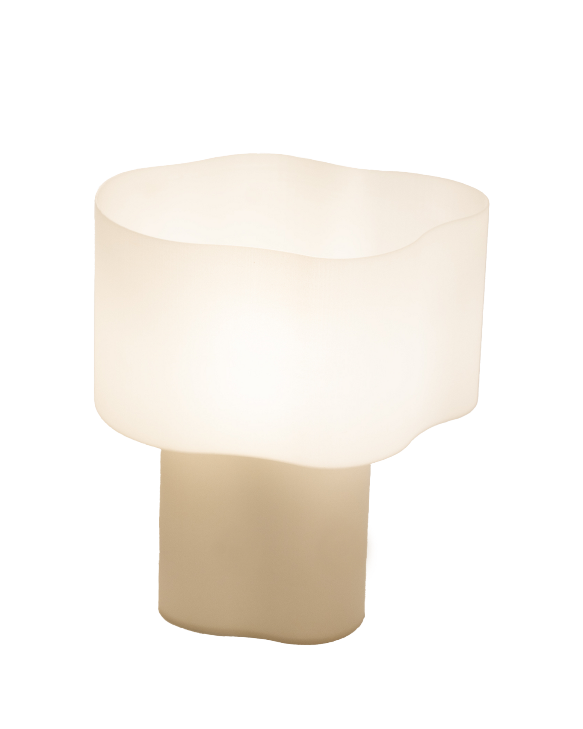 Cloudy Lamp, 3D-printed from bio-based PLA filament mixed with scallop shell powder. Sustainable and eco-friendly design featuring a layered texture that captures and reflects light beautifully.